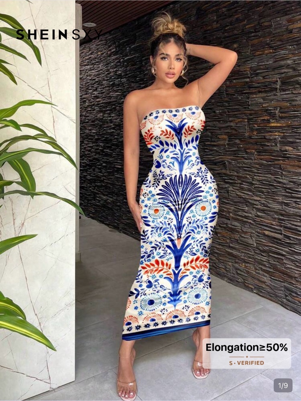 SHEIN Strapless White Midi Dress with Blue and Orange Floral Tile Print